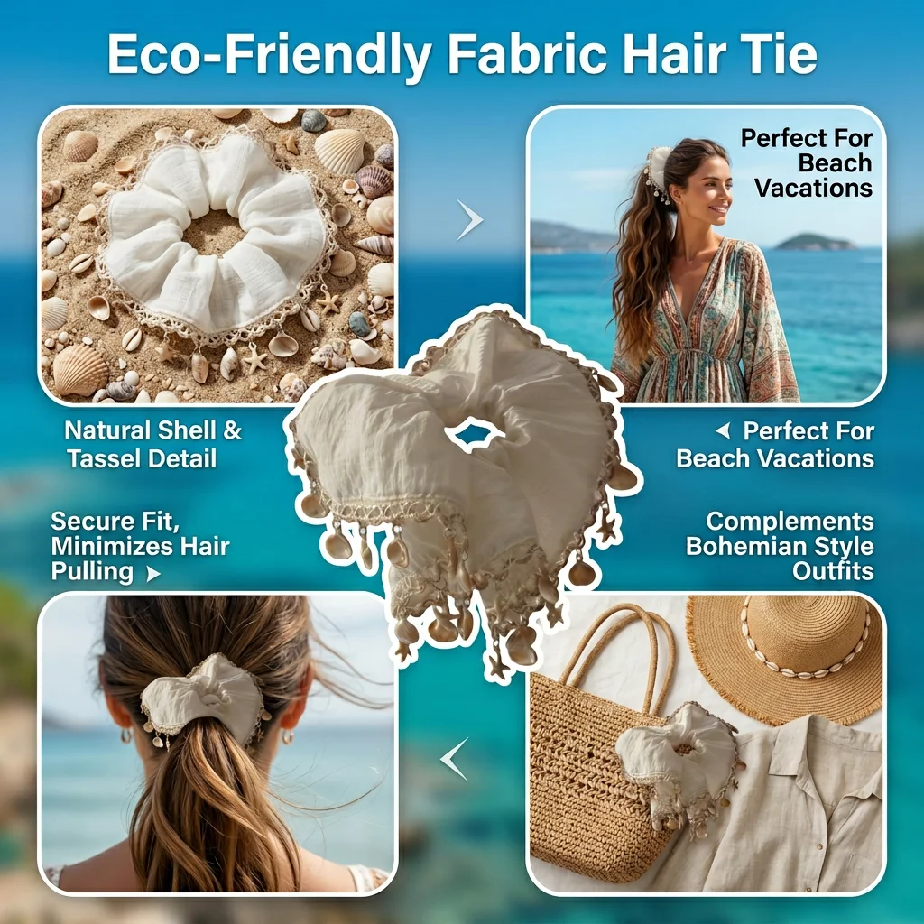 Bohemian Hair Scrunchies Shell Tassel Design for Beach Vacation Music Festival Women's Square Elastic Hairbands Durable Chic view 2