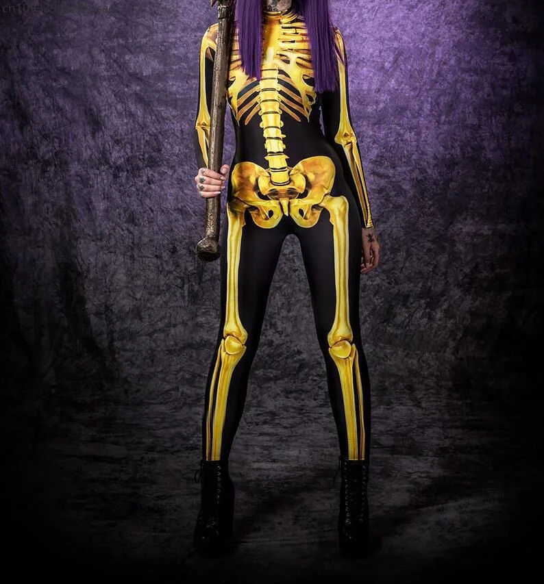 

Women Horror Skeleton Jumpsuit Darkness Skull Performance Zentai Suit Cosplay Costume Xmas New Year Party Shows Bodysuit