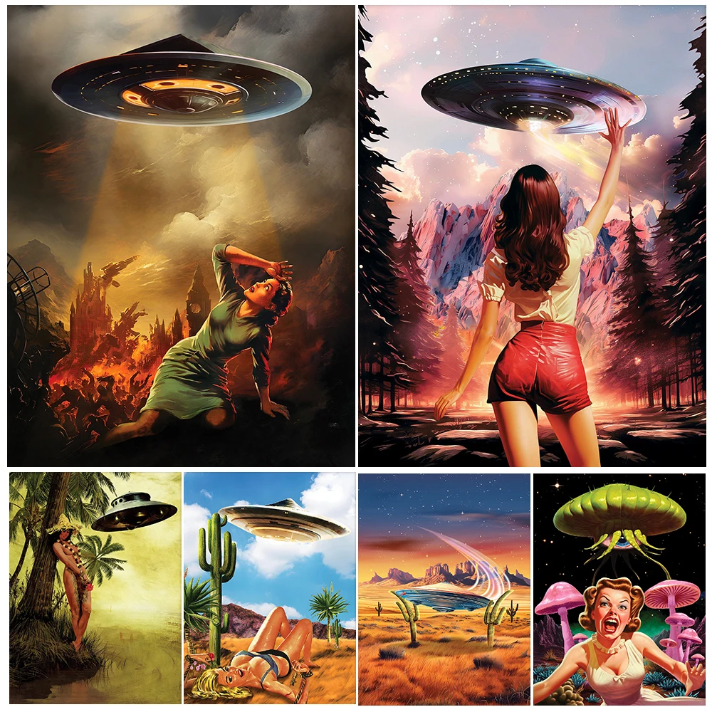 Trippy Cosmic Print,Trippy Wall Decor,Vintage Collage Art Mushrooms Print Escape Poster,UFO Surreal Wall Art Canvas Painting