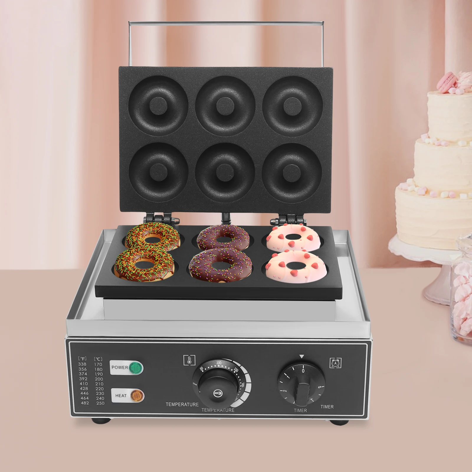 Elektrische Donut-Maker-Maschine mit 6 Löchern, 1550 W, süßer Donut-Maker, antihaftbeschichtete Donut-Herstellungsmaschine, Edelstahl, kommerziell