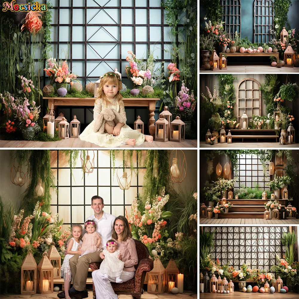 

Green Garden Background for Studio Photography Easter Spring Party Family Kids Portrait Backdrop Prop Wooden Cabinet Light Booth