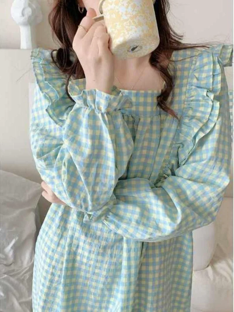 Plaid Women Nightgown Korean Sleepwear Ruffle Nightwear Autumn Night Dress Long Sleeve One Piece Pajamas Square Collar Home Wear