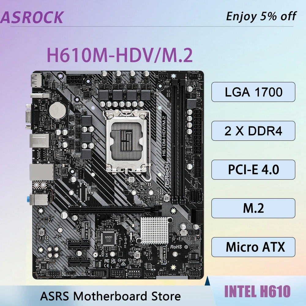 H610M-HDV/M.2 ASROCK Motherboard LGA1700 Support i3-12100F i5-12400F i5-12600KF i5-13600KF CPU 2XDDR4 64GB M-ATX Intel H610 PC
