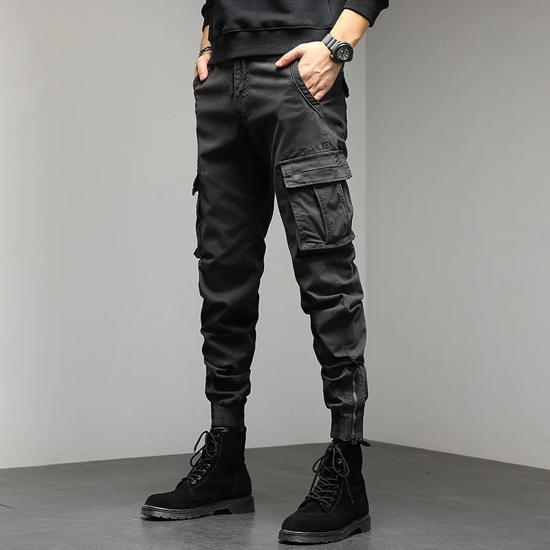 

American European 2025 New Fashion Men's Simple Basic Solid Color Casual Trendy Multi Pocket Cargo Trousers Male Pants Clothes