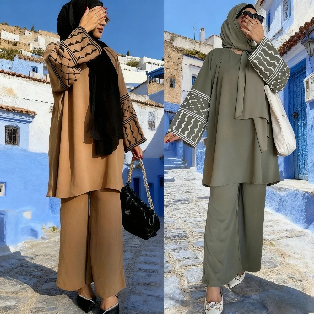 

Muslim Set Two Piece Shirt &Pants Women Ramadan Eid Embroidery Suit Shirt Blouse Musulman Ensembles Moroccan Kaftan Islamic Sets