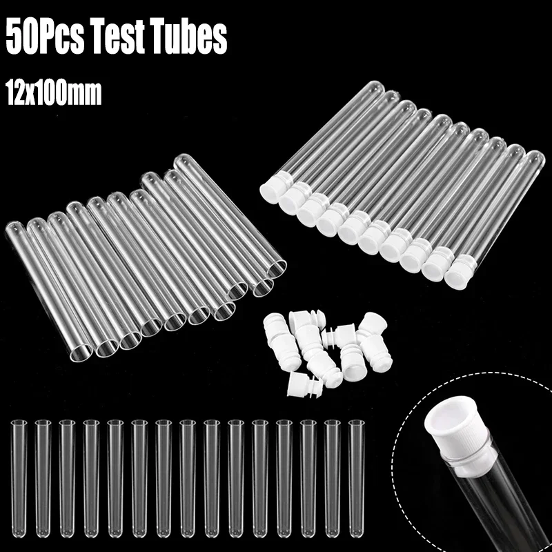 

50Pcs/Pack 12x100mm Transparent Laboratory Clear Plastic Test Tubes Vials With Push Caps School Lab Supplies