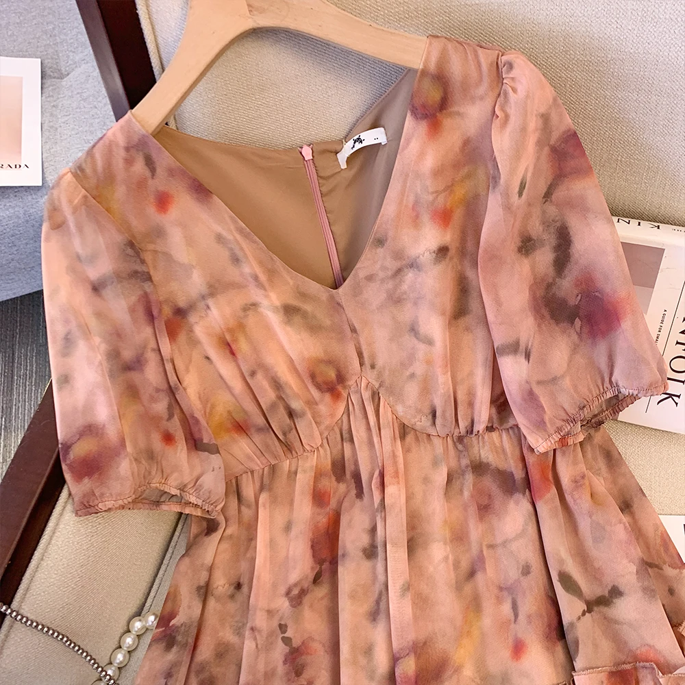 Vestido casual de verão feminino, tamanho grande, tecido em chiffon decote v, solto e confortável, por dentro, amigável para a pele, princesa, forrado