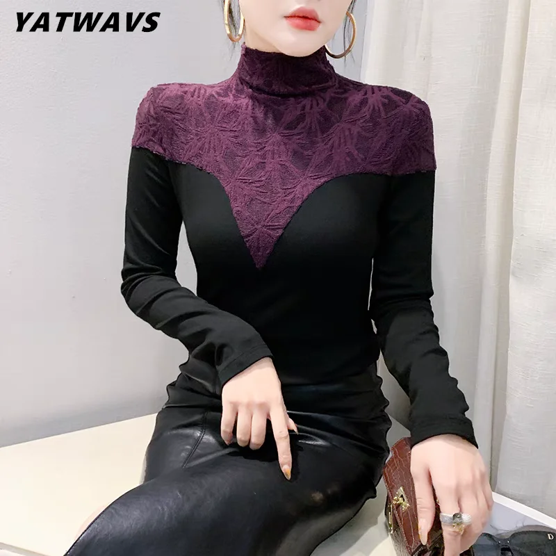 Mode Europäischen Neue frauen T-Shirts Mädchen Gepatcht Spitze Stehkragen Langarm Baumwolle Tees Klassische Damen Elastizität Warme Tops