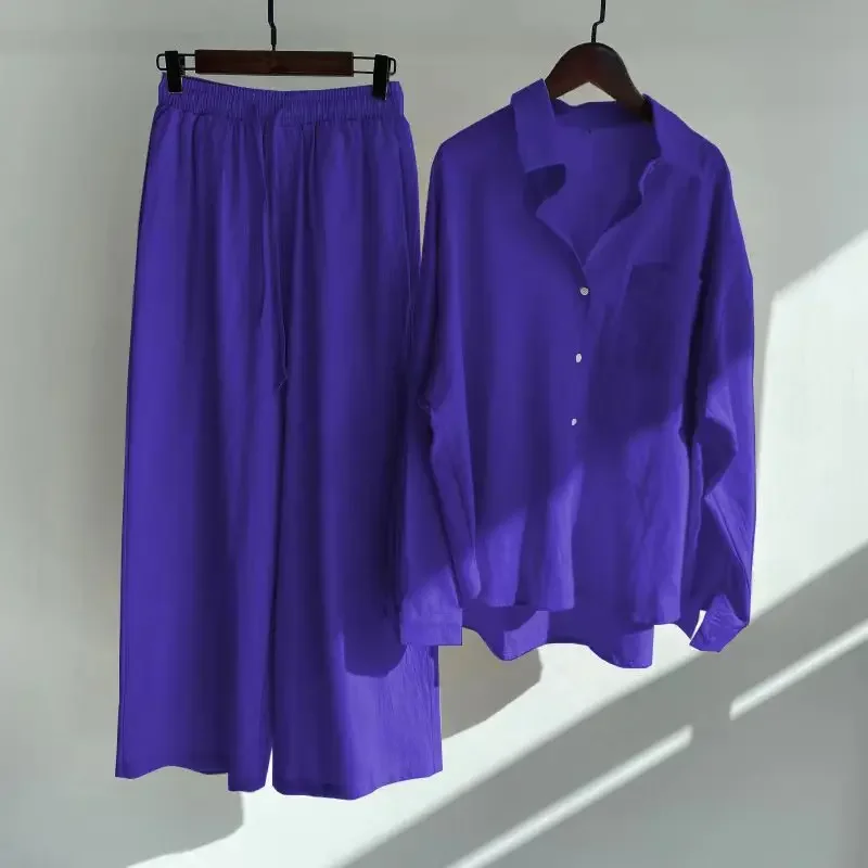 

spring and autumn Women's casual home retro plus size cotton and linen shirt set high waisted loose pants 2-piece
