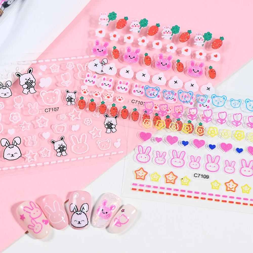 15pcs/set 3D Kawaii Cartoon Animal Glitter Nail Stickers Colorful Rabbit Self Adhesive Cute Cartoon Nail Decals for Children