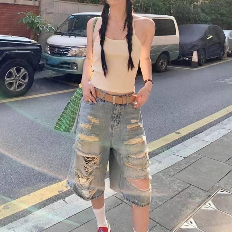 

Summer Women Ripped Designer Loose Fit Jeans Girls Chic High Waist Raw Edge Capri Pants Lady Retro Solid Denim Shorts