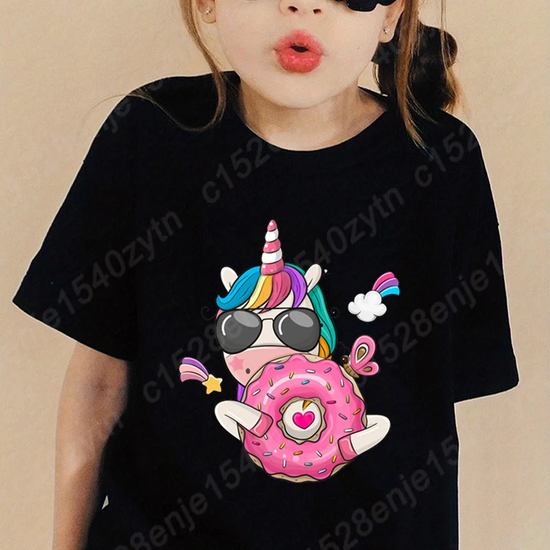 Unicorn Donut Print T-shirts Children Girls Summer Short Sleeve T Shirt Round Neck Solid Color Soft Tee Shirt Kids Loose T-Shirt