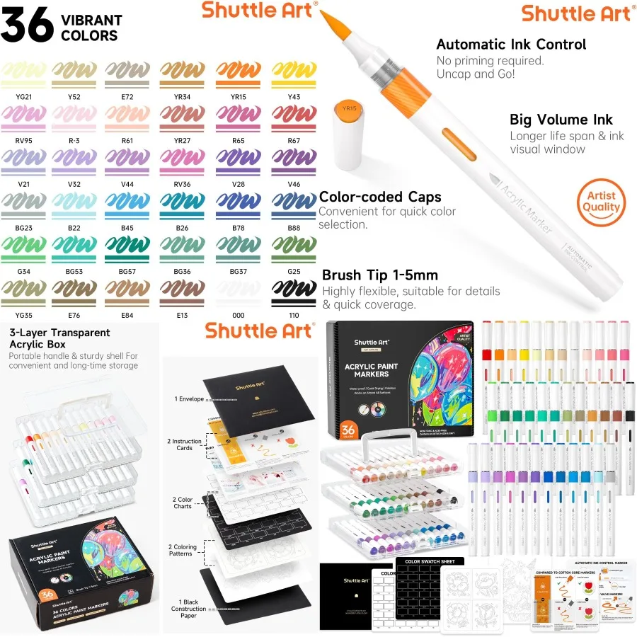 

Shuttle Art Automatic Ink Control Acrylic Paint Markers 36 Colors Brush Tip Acrylic Paint Pens for Rock Painting Ceramic Wood C