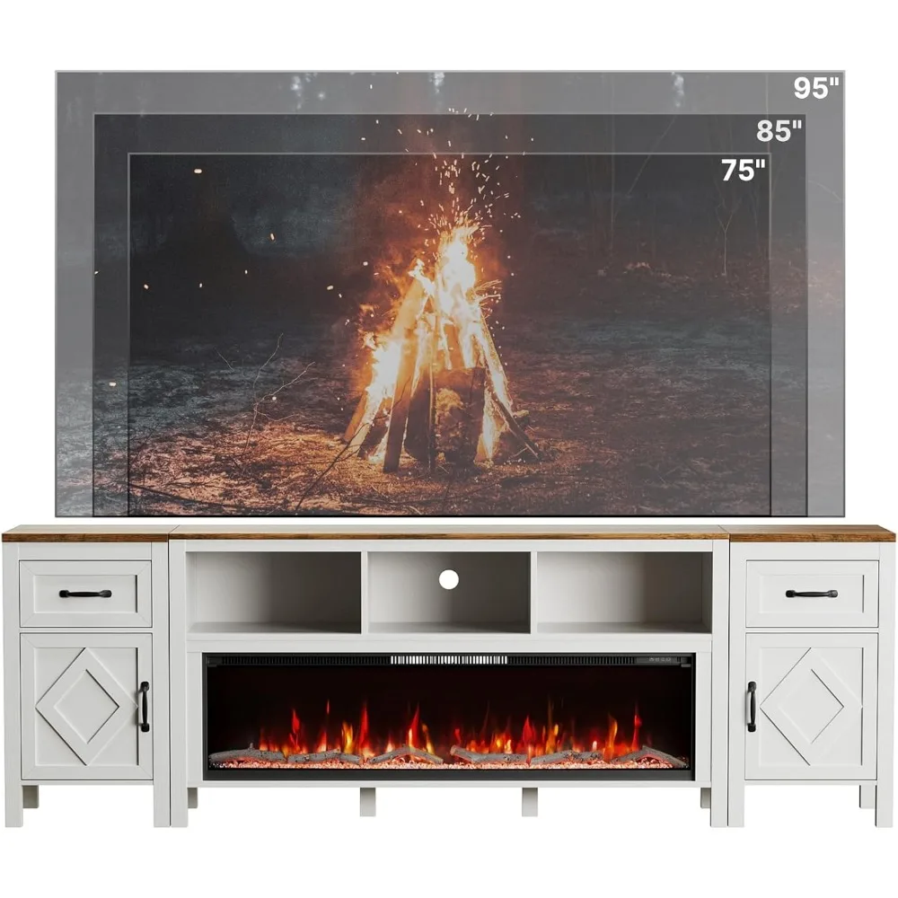 Fireplace white TV cabinet, maximum 110 inch TV, with 60 inch electric fireplace and storage cabinet