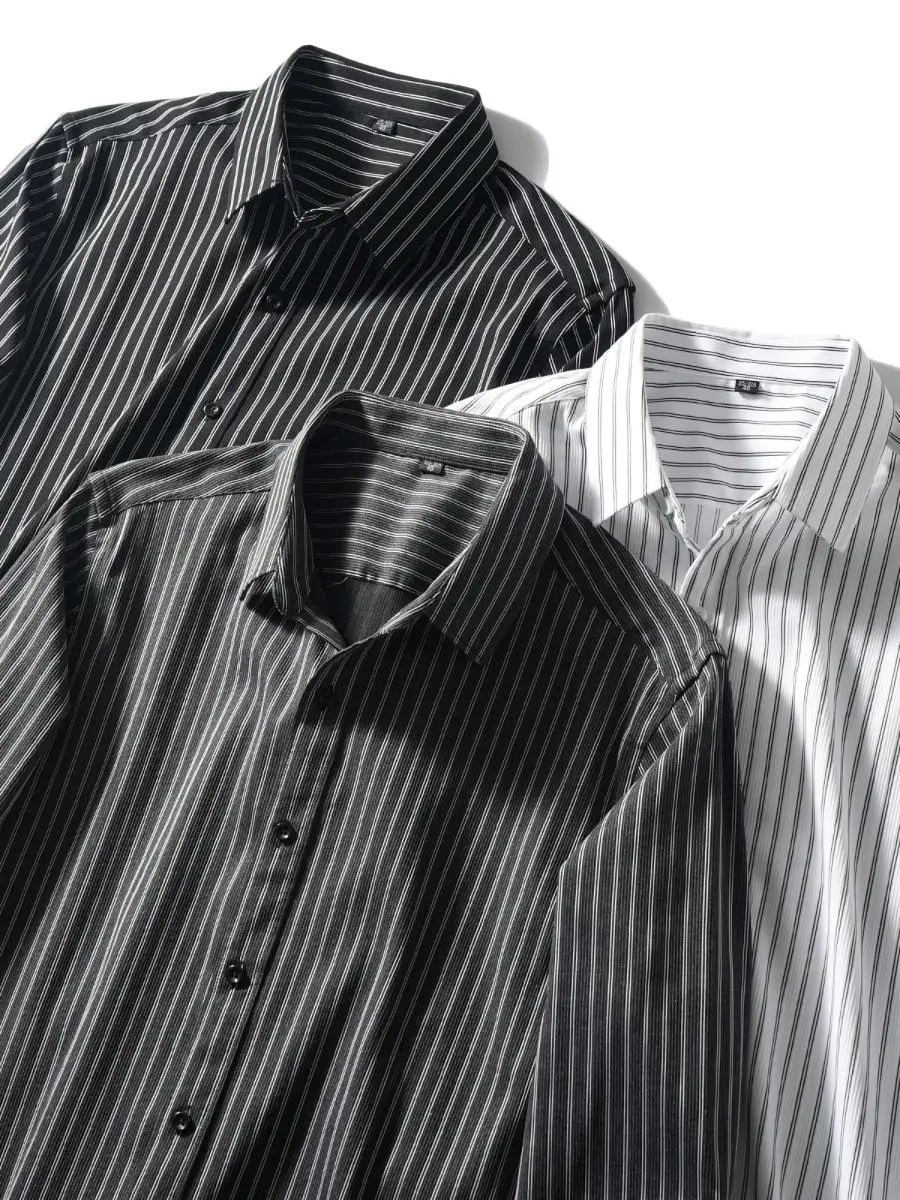 

Ele Men's Classic Striped irt Casual No-Iron Spring Autumn High-End Feel Long Sve arp Collar Stand Fit All Seasons