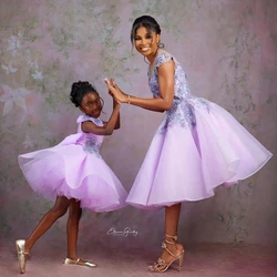 Puffy Mesh Flowers Mother And Kids Party Dress Pretty Lace Appliques Mom And Daughter Prom Gowns For Photography Dresses