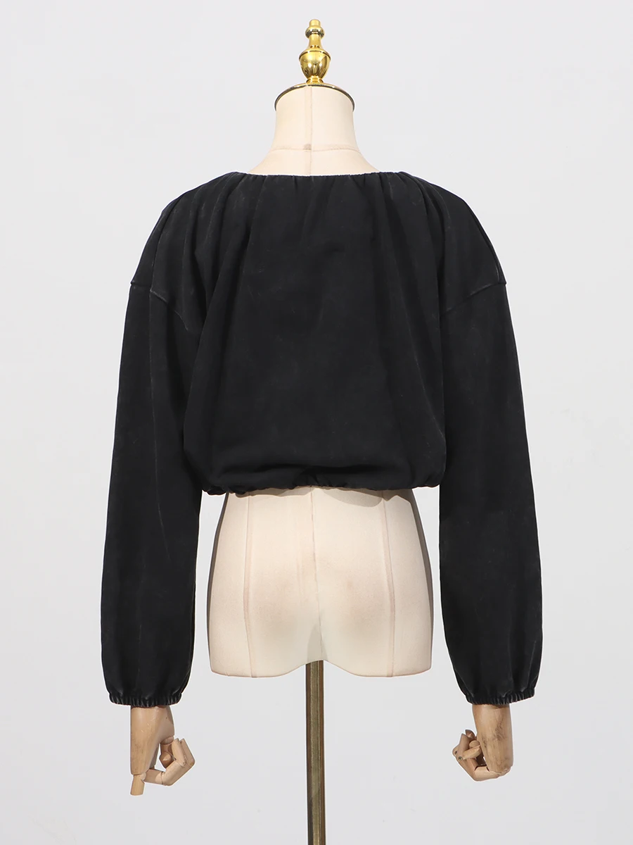 VGH American Casual Spliced Folds Hoodie for Women V Neck Long Sleeve Loose Short Style Minimalist Sweatshirt Female Autumn New