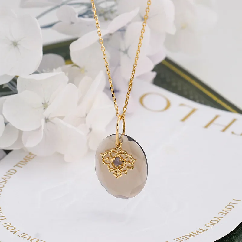 Vintage Necklace Natrual Smoky Quartz Gemstone Cordierite Double Pendant 925 Sterling Silver Gold Plated Chain Gift NI221