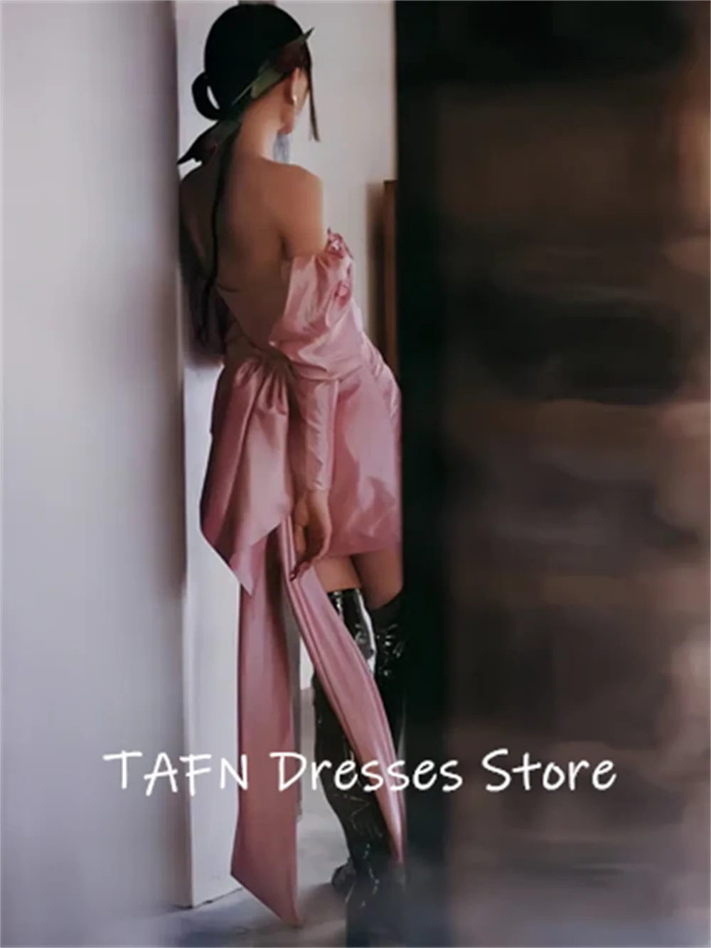 TAFN Mini Prom Gown Off the Shoulder Long Sleeves Evening Party Dresses A-line vestidos de fiesta Korea Dresses Customized