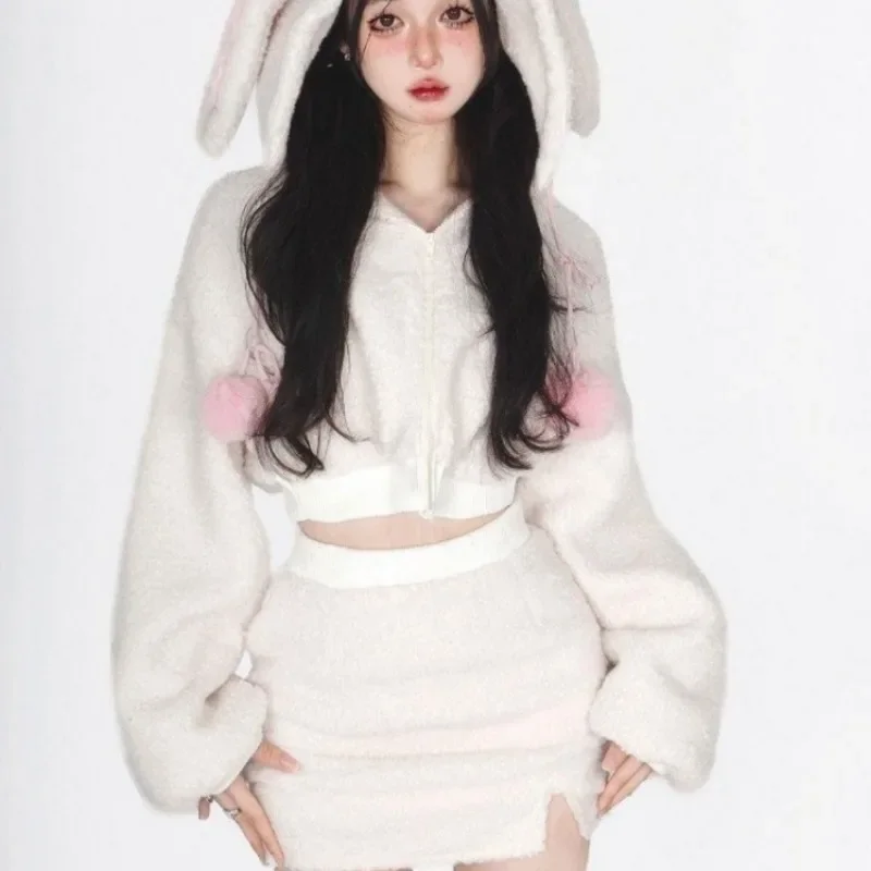 2025 New Japanese Cute Rabbit Ears Zipper Hoodie Coat + Women Y2k High Waist Bodycon Split Skirts Winter  Warm Two Piece Sets
