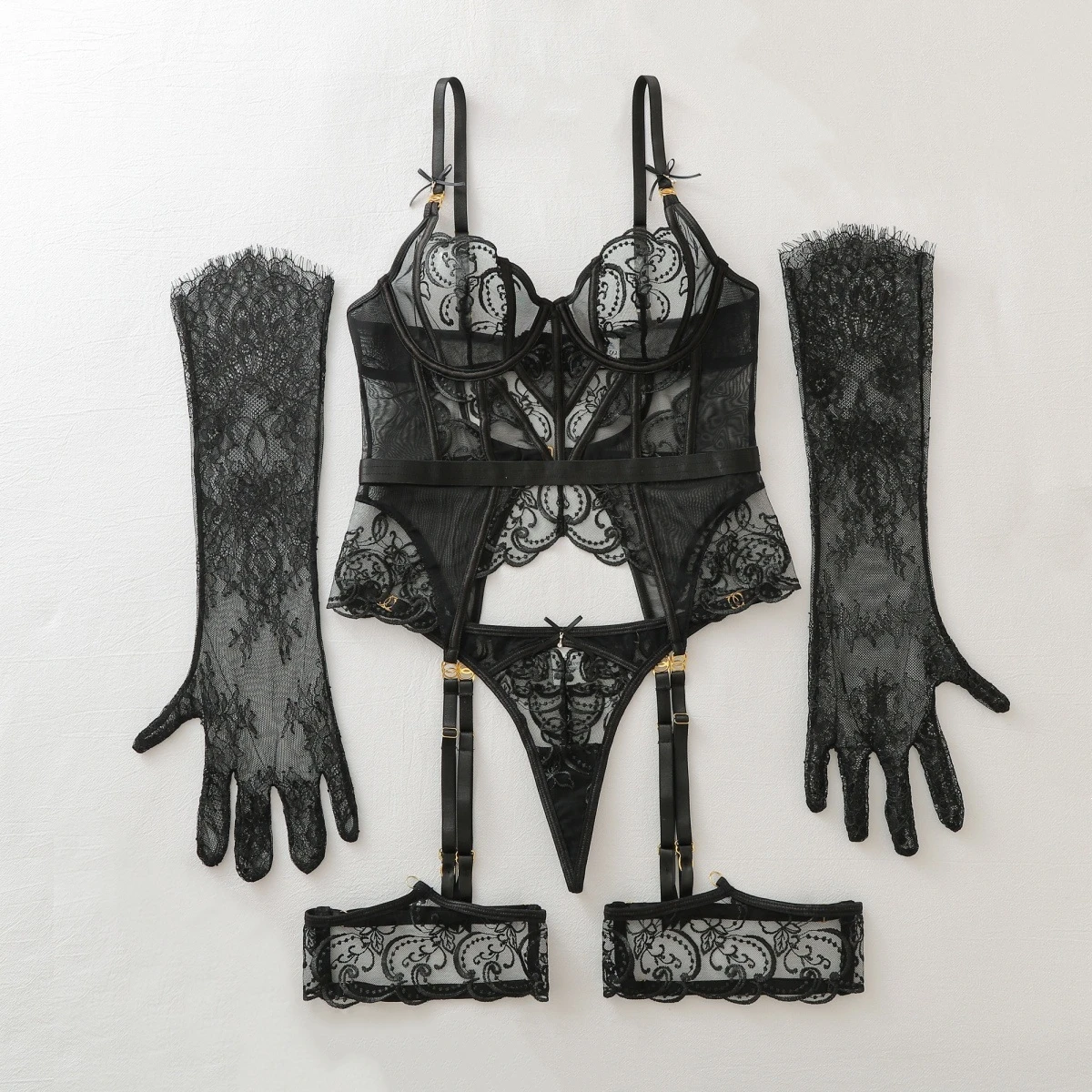 French Heavy Craft Embroidery Splicing Lingerie Set Women's Sexy Perspective Mesh Shaping Underwear Female See Through Split Set