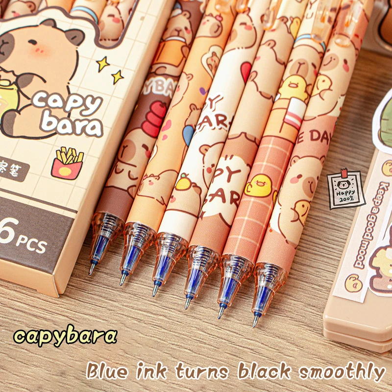 Capybara-Stylos gel bleus effaçables à séchage rapide, ensemble de stylos mignons, fournitures scolaires de bureau, papeterie esthétique Kawaii, 6 pièces