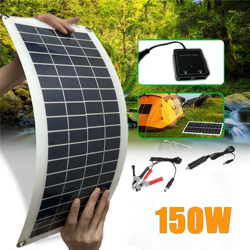 150W Flexible Solar Charger Kit 5V Dual USB 12V DC Solar Panel Outdoor Portable Emergency Solar Battery Panels for Phone Car RV