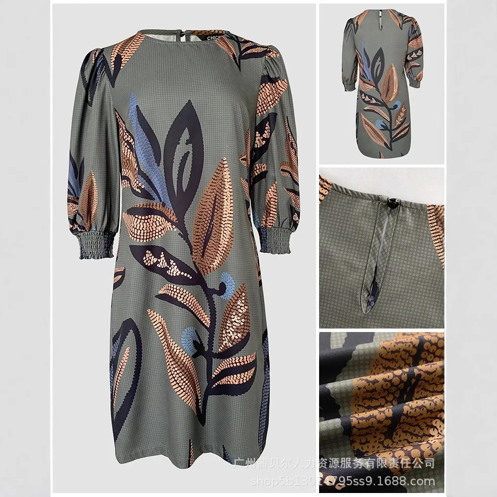 女性の夏のハイウエスト植物プリントラウンドネック半袖ミディドレスセクシーなドレス