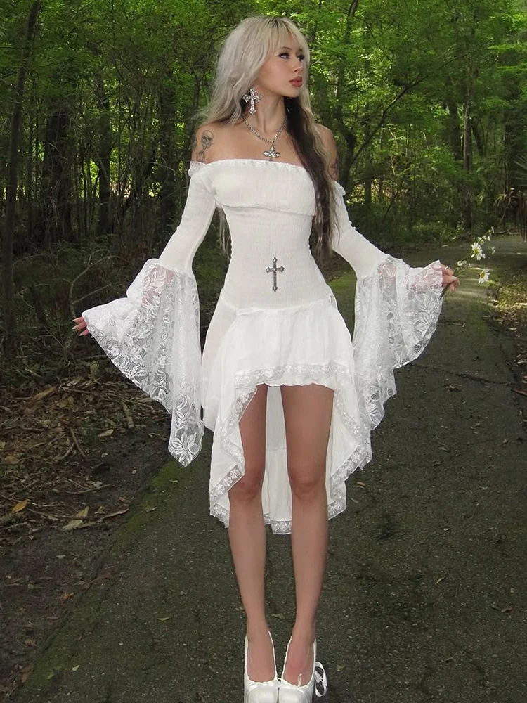 Vestido de estilo elegante de Kliou Y2K, vestido de mujer con escote en la espalda sin espalda, con retazos, manga acampanada, estilo dulce, fiesta de cumpleaños a la moda Bodycon