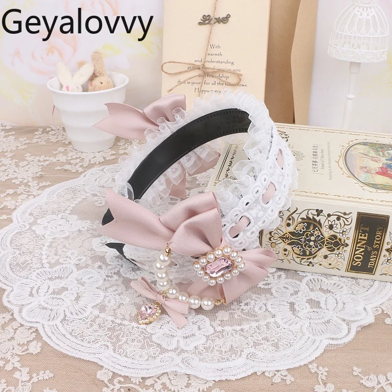 Handgemachte Original japanische Haarschleife Schwerindustrie Perlenschleife Haarnadel Strass Spitze Licht Lolita Stirnband japanische Kopfbedeckung