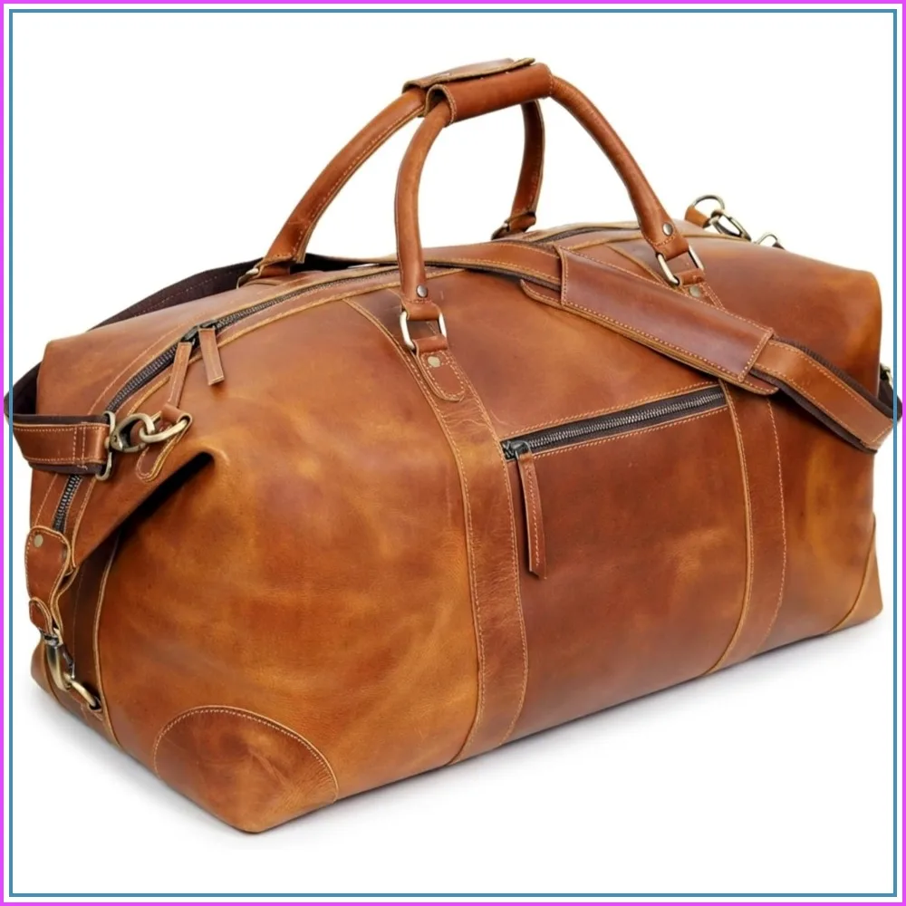 

Full Grain Leather Duffle Bag for Men, Buffalo Overnight Weekend Travel Bag, Carry On with Organized Pockets, YKK Zippers, Adjustable Strap