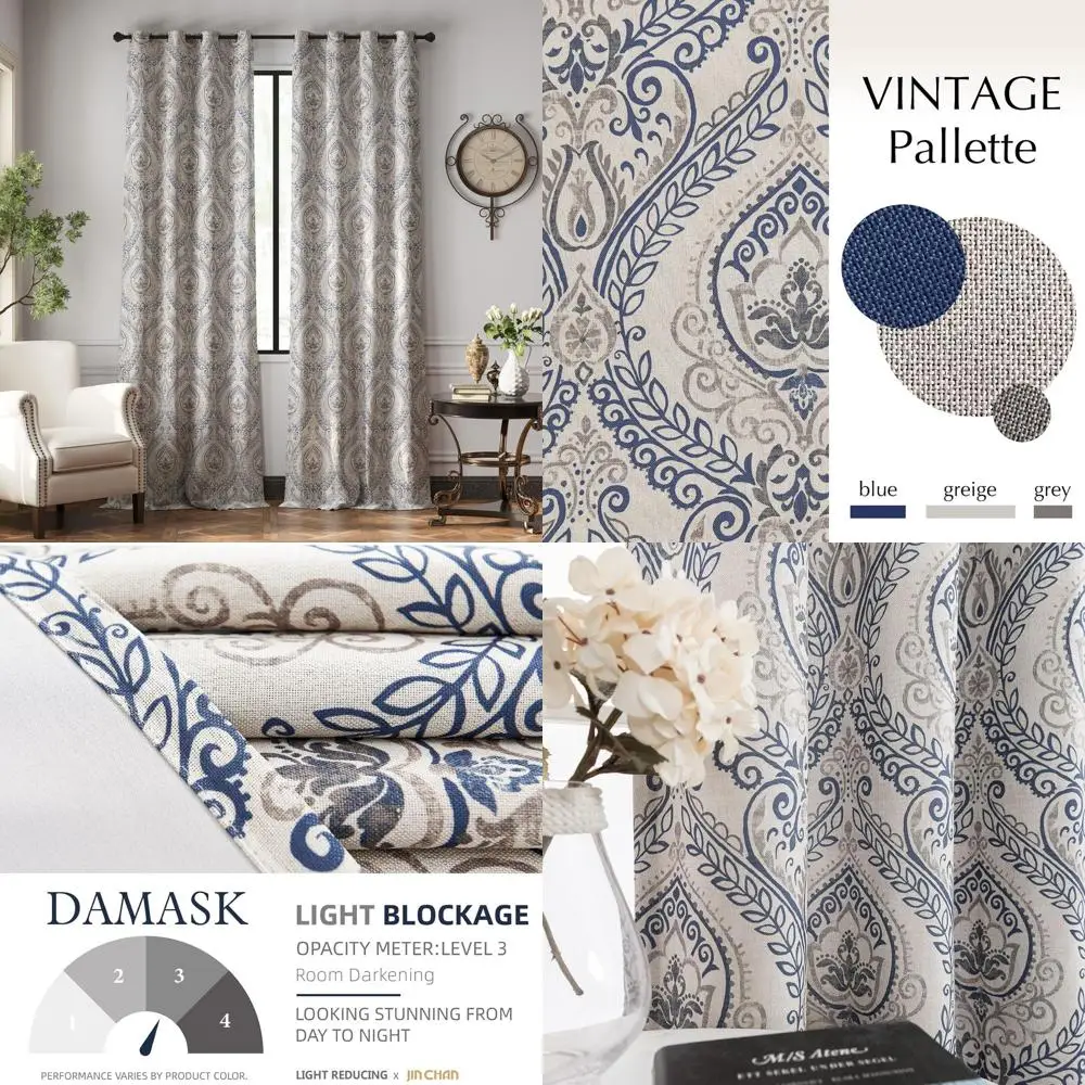 

Extra Long Linen Textured Curtains, 108 Darkening, Vintage Damask Panels, Blue on Greige