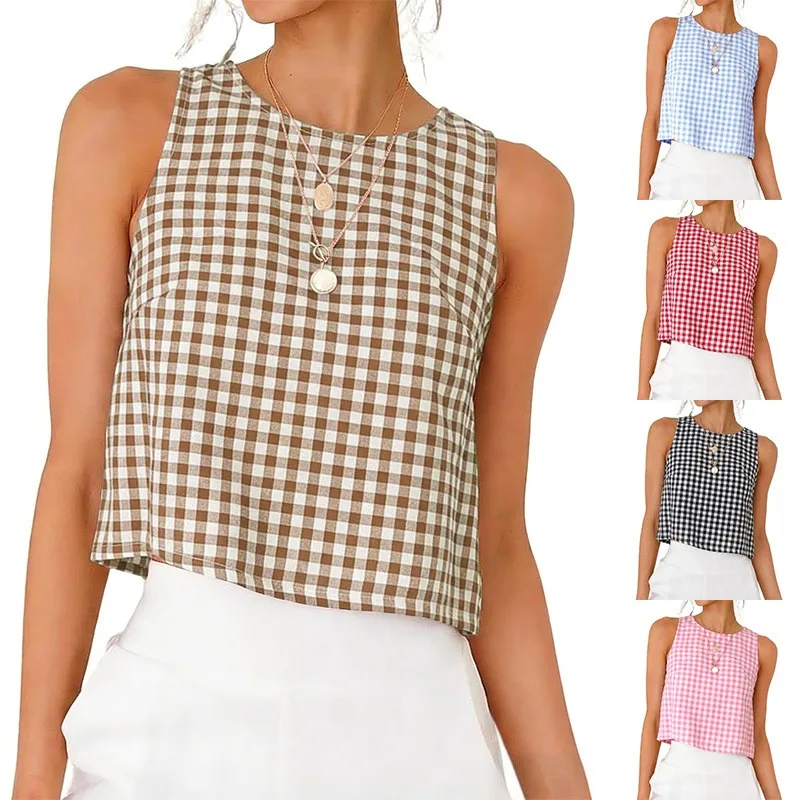 Summer Clothes Tank Top Y2k Women Round Neck Crop Vest Plaid Pattern Brown White Sleeveless Top Straight Fit Button Camisole