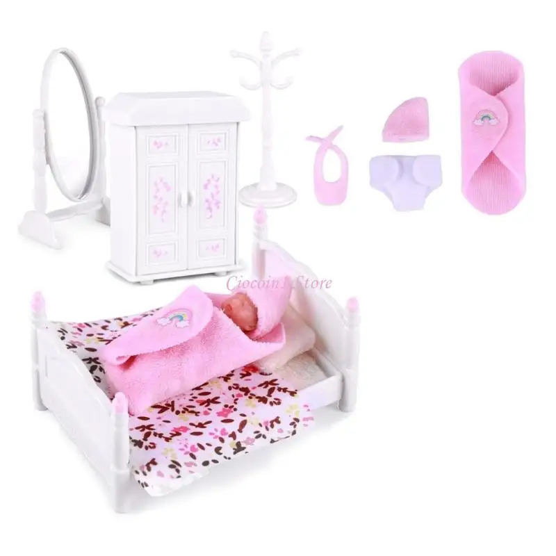 Y1ub Silicona en miniatura Reborns Baby Doll 3 pulgadas Muñecas para dormir realistas con muebles y cama para niños Juego