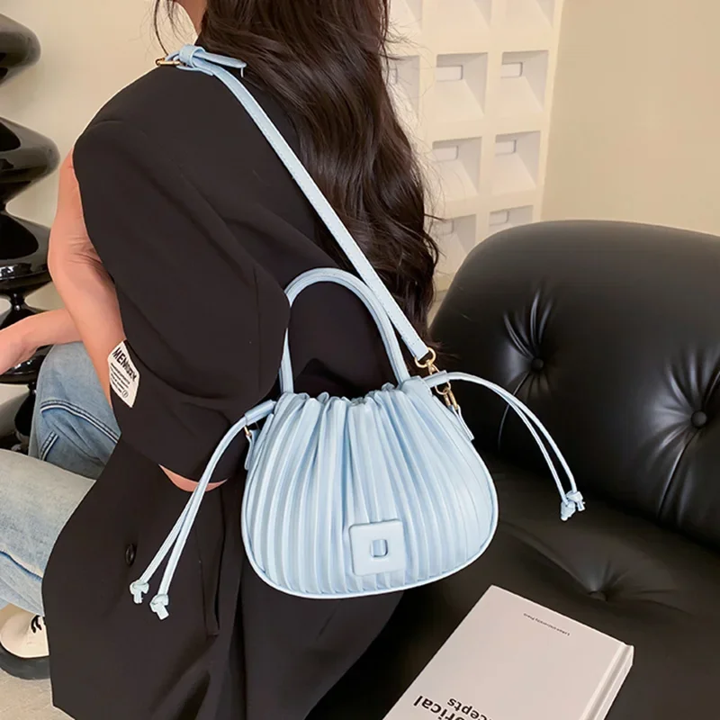 Luxury Designer Women Ruched Bucket Bags 2024 Brand Lady Crossbody Bags Blue Green Small Handbags Soft Pu Leather Shoulder Bags