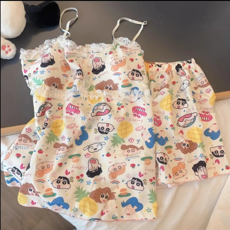 Cartoon Peripheral Crayon Shin Chan with Chest Cushion Pajama Women's Summer Ice Silk Thin Style Nohara Shinnosuke Home Outfit