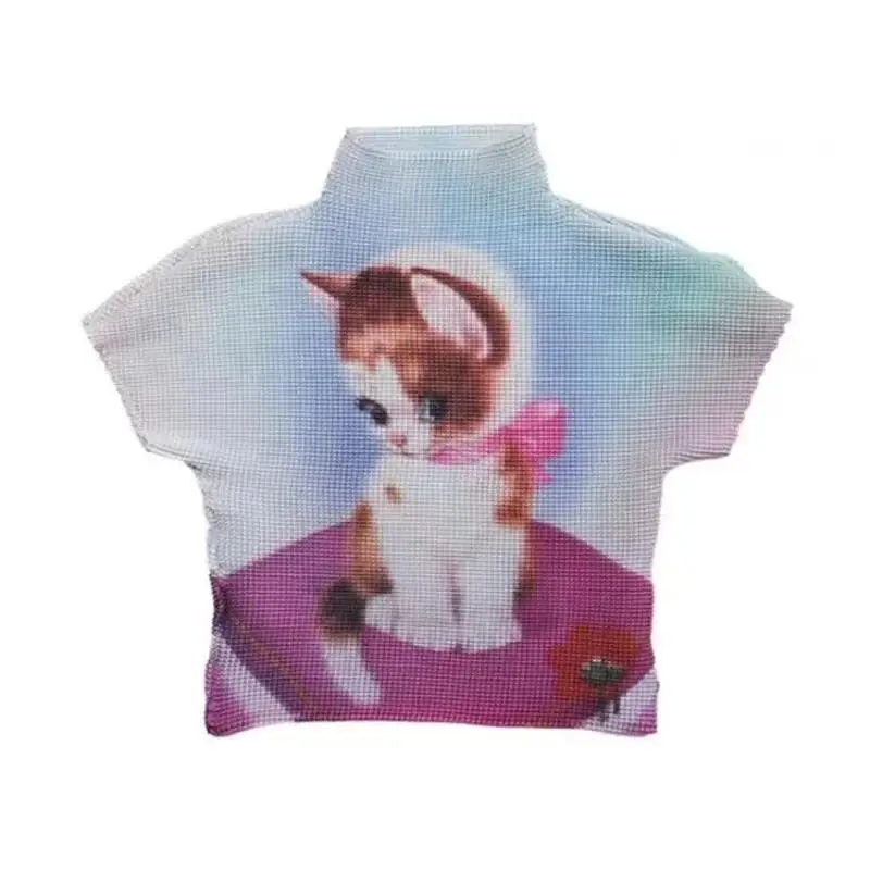 Camiseta con estampado Retro para mujer, blusa de diseño elástico alto, cuello medio alto, informal, fina, moda coreana Y2K 2000S, Tops ajustados de verano