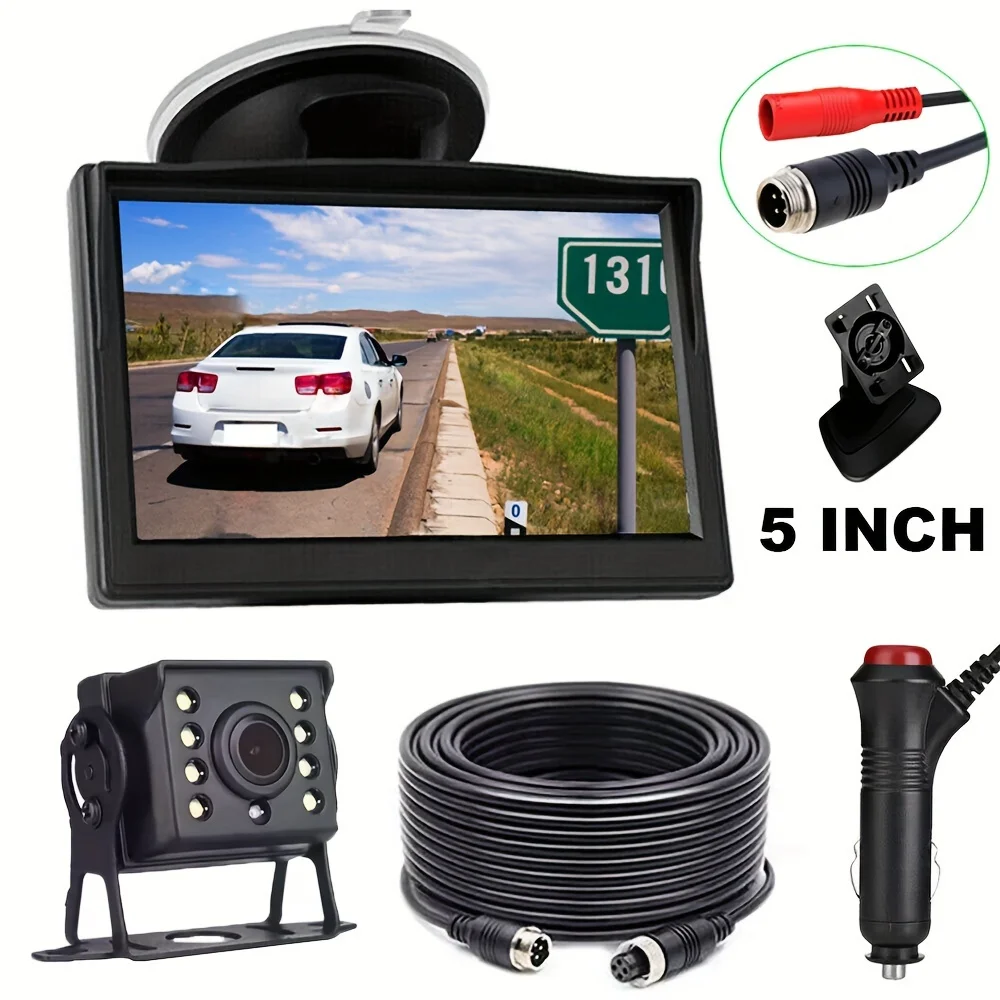 

Vehicle Rear View Backup Camera Kit with Monitor 4Pin Cable Heavy Duty Camera for Car RV Bus Truck 12V/24V Easy Installation