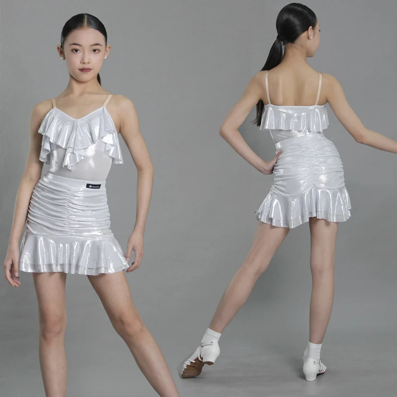 

2025 New Kids Performance Dancing Dresses Girls Laser Latin Dance Dress Child Chacha Salsa Latin Dance Party Costume XS9567