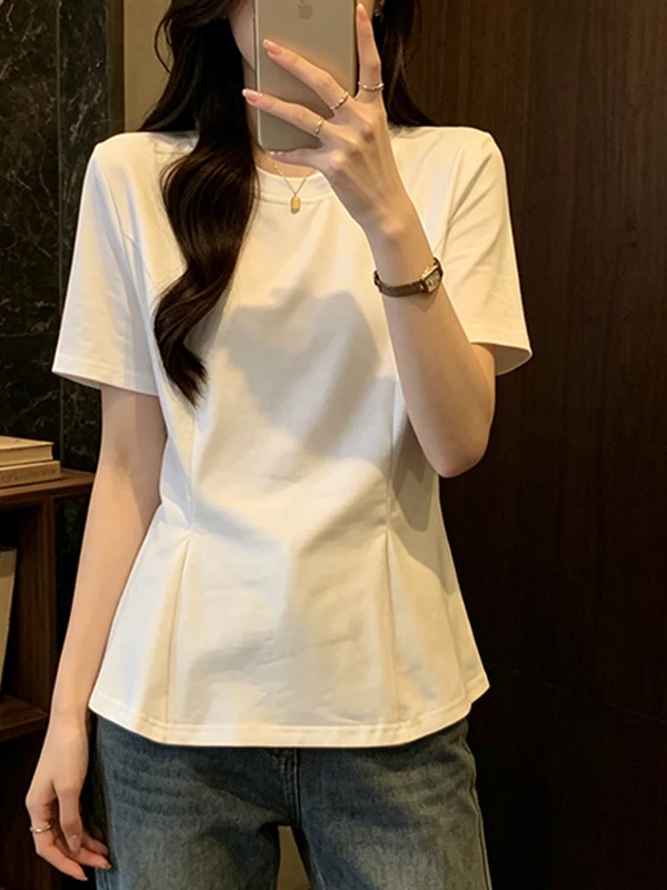 

Летняя женская футболка больших размеров, однотонная, с эффектом утяжки талии, ультратонкая, короткий рукав, хлопок, дышащая.