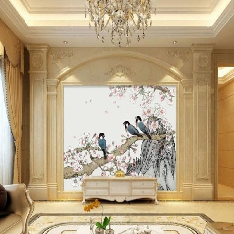 Chinese Feng Shui Ink Hand-Painted Flowers Birds Mountains And Peaks Fine Brushwork Fresh Traditional Chinese Painting Wall Deca