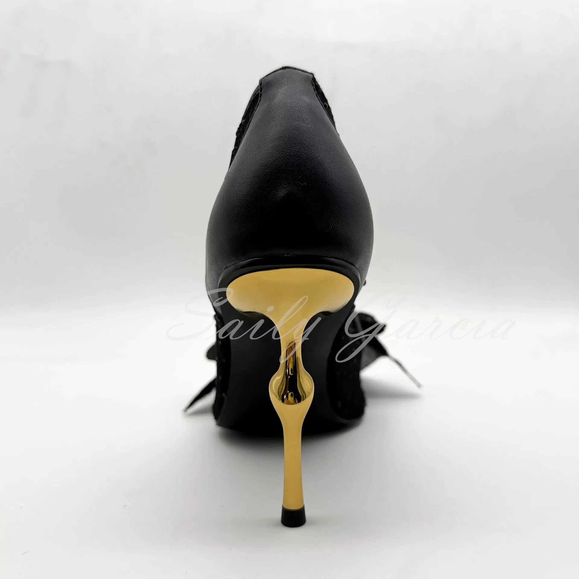 حجر الراين شبكة مضخات المرأة مثير أشار تو كعب ستيليتو القوس ديكور المعادن غير النظامية كعب جلد أنيقة فستان الحفلات الأحذية #5