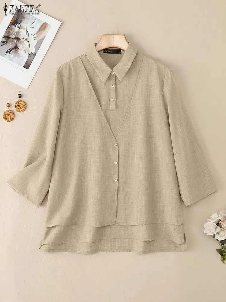 

Women Fashion Shirts 2025 ZANZEA 3/4 Sleeve Solid Color Blusas Autumn Lapel Buttons Fake 2 Piece Tops Tunic Vintage Blouses