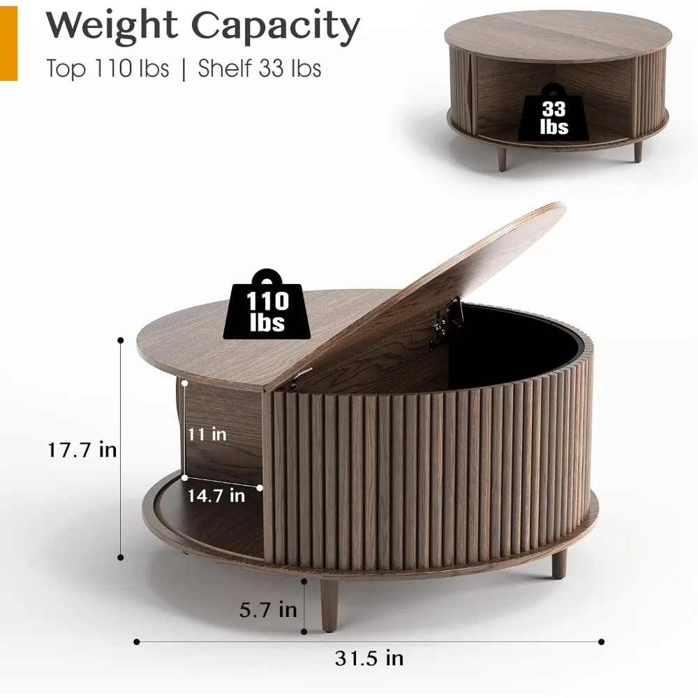 Round Coffee Table with Storage,Fluted Center Table with Sliding Cabinet Door for Living Room,Home Small Space,31.5" Small Table