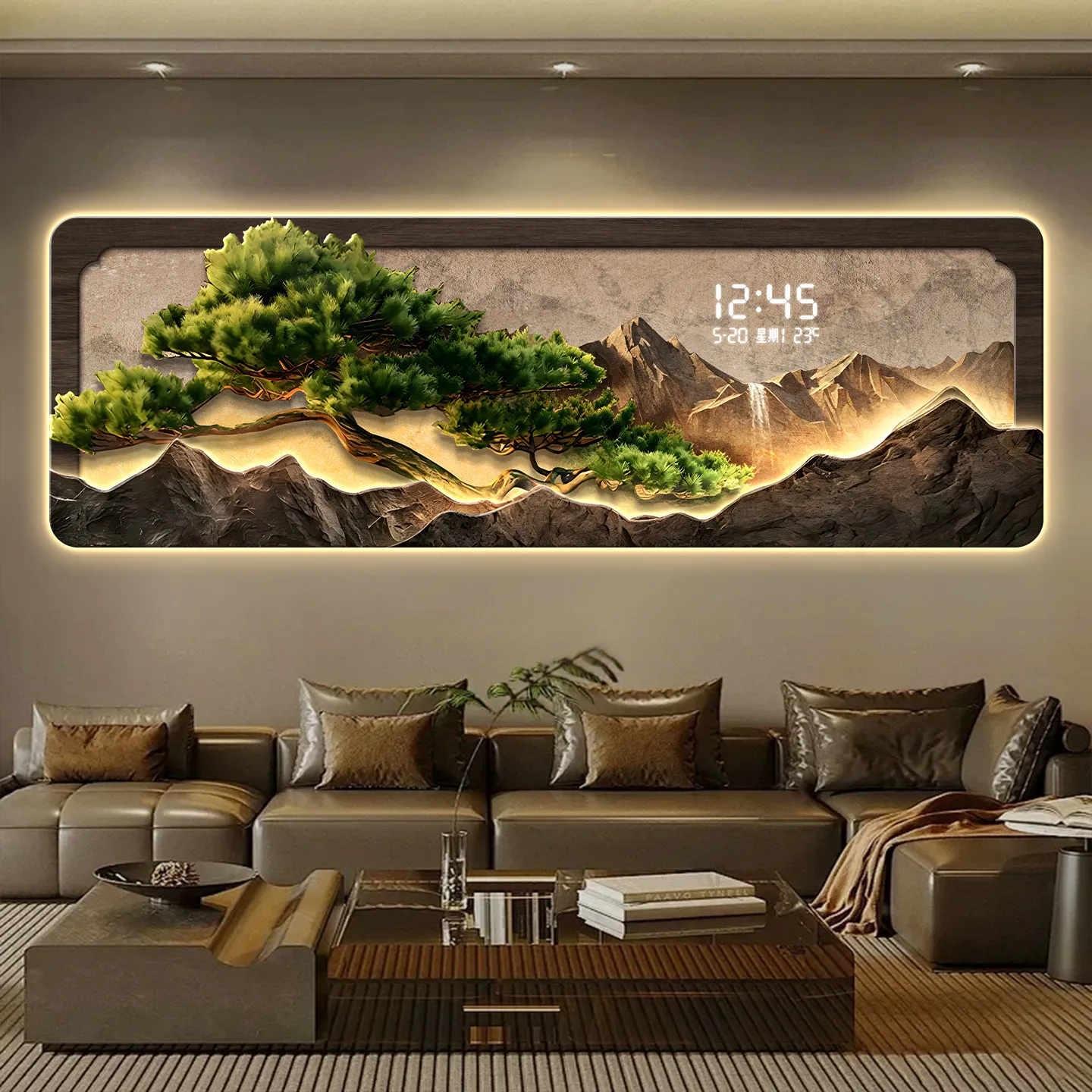 New Chinese Style Living Room Decoration Painting Led Electronic Clock Sofa Background Wall Hanging Painting Wall Lamp Painting