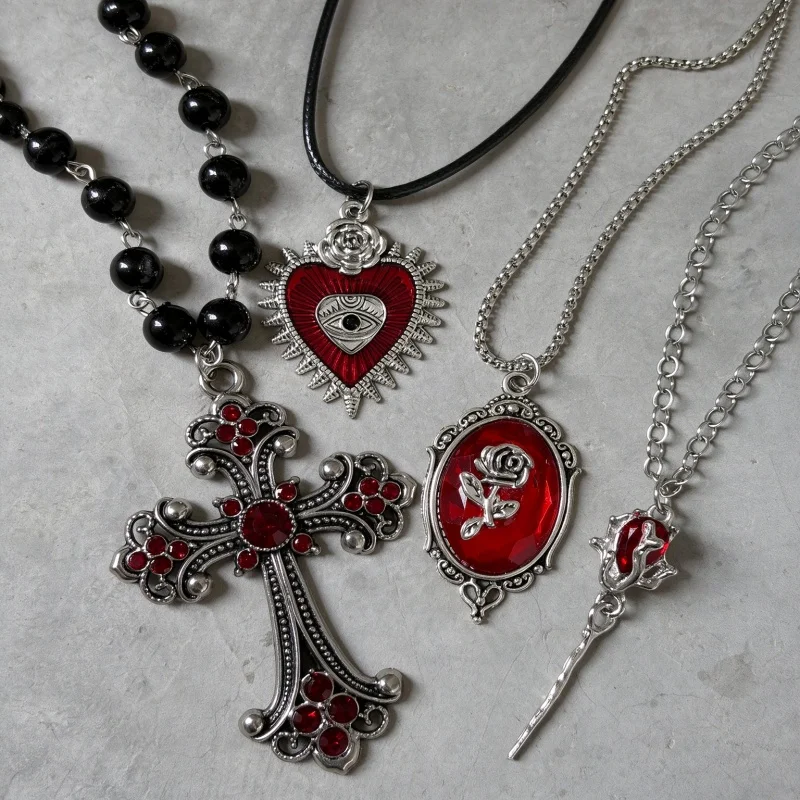 Dark European Style Red Crystal Rose Evil Eye Cross Necklace, Thanksgiving & Christmas, Unisex, for Daily Wear, Party & Gift