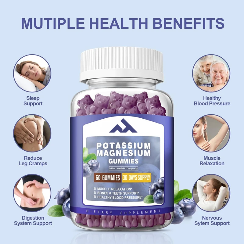 

Adult and Children's Potassium Magnesium Gummies, Suitable for Leg and Muscle Health, Blueberries, 60 Capsules