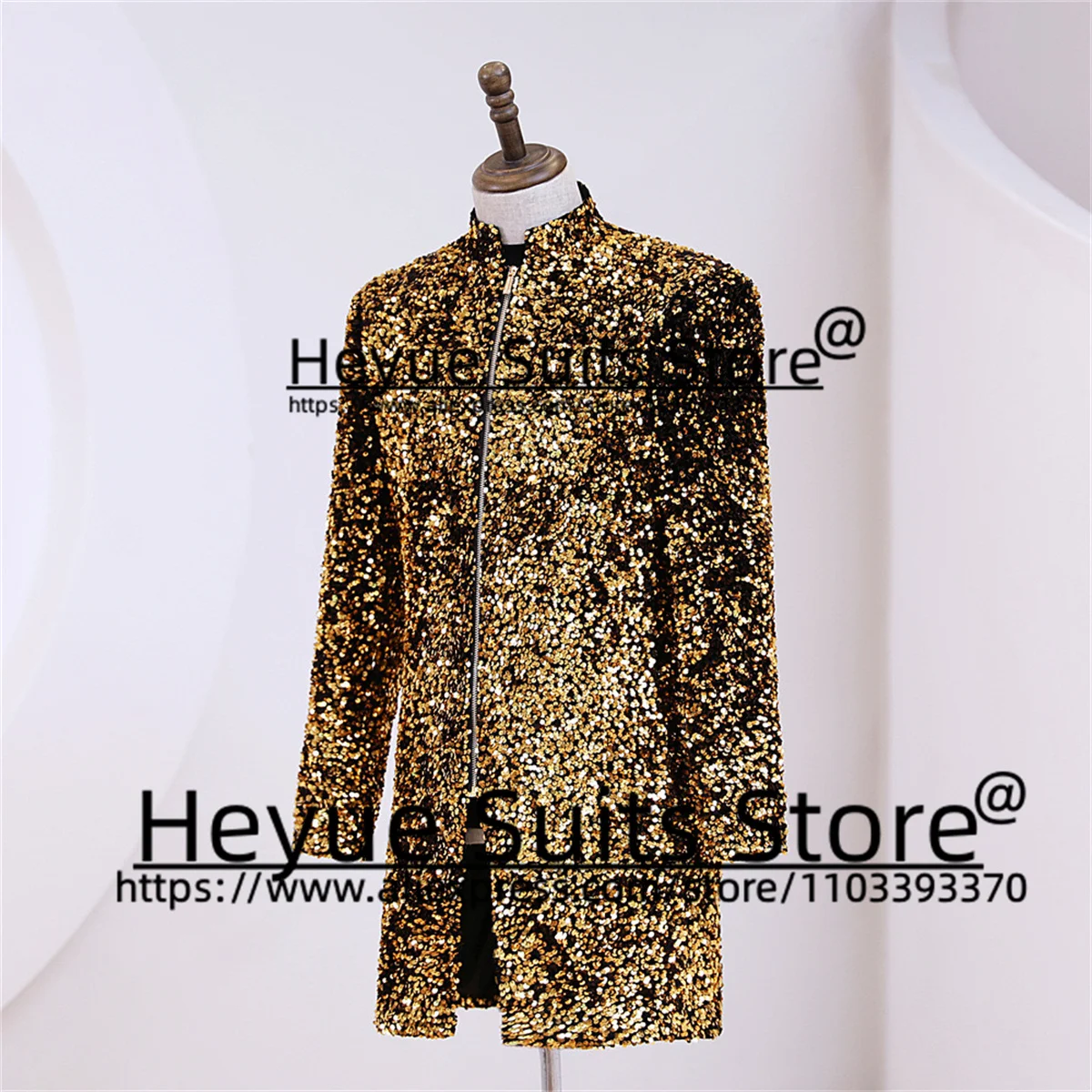 Golden Shiny Sequin Wedding Suits For Men Slim Fit Stand Collar Groom Tuxedos Prom 2 Pcs Sets Elegant Male Blazer Costume Homme