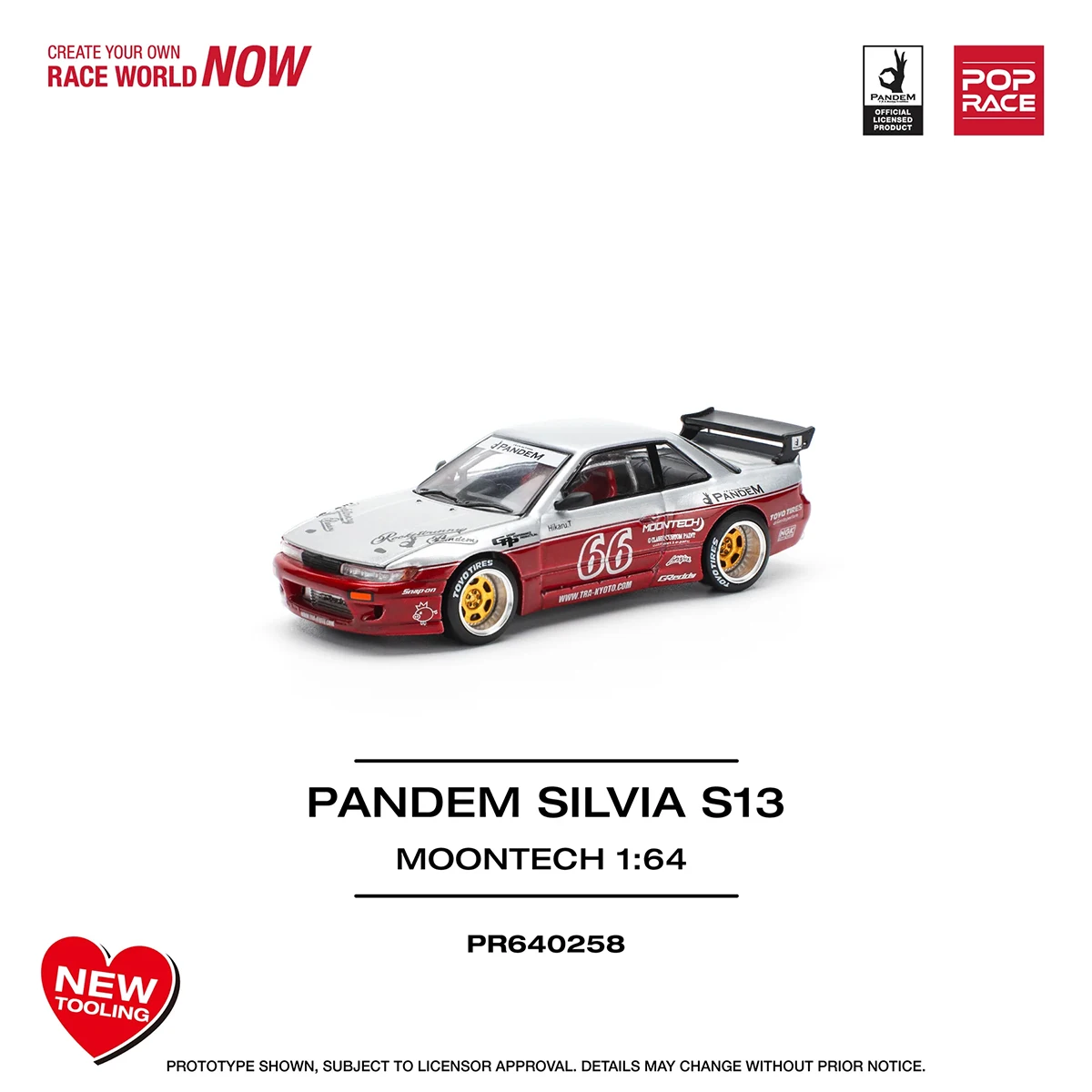 POPRACE 1:64 Nissan Silvia S13 Pandem Moontech #66 Racing Livery Open Hood Diecast Model Car PR640258 In Stock Ready To Ship