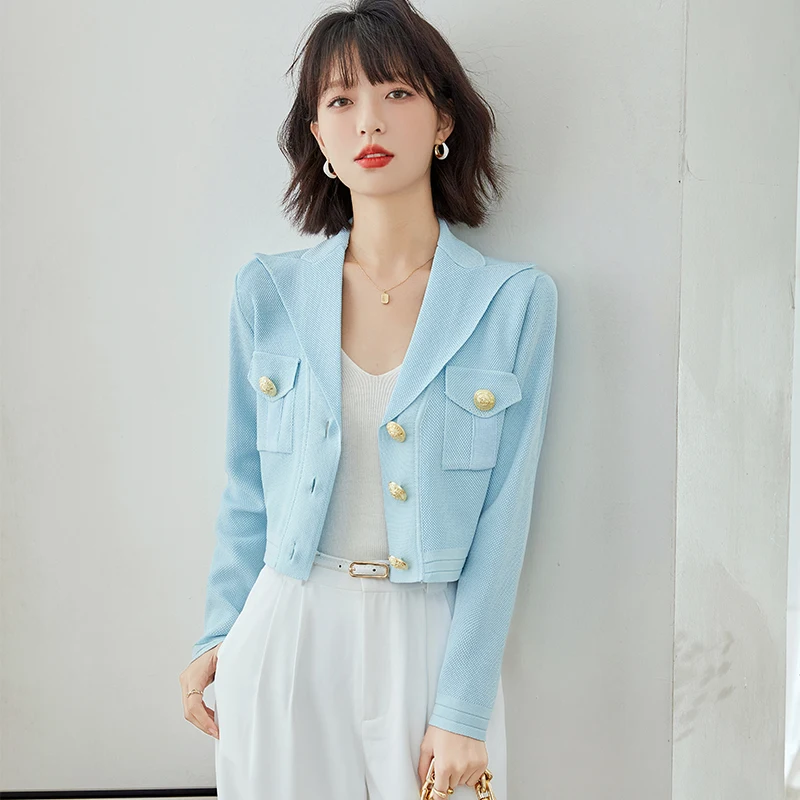 Women Sky Blue Knit Cardigan Coat Spring Autumn Elegant Slim Casual Single Breasted Button Short Knitwear Jacket Lady A1995